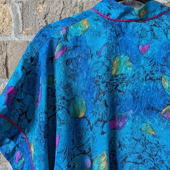 VTG Circa 2000 Textured Satin Short Robe Blue Pink Green Yellow Size Large - Picture 5 of 6